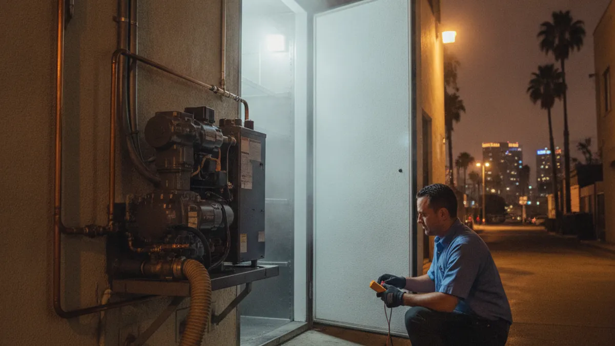 A restaurant walk-in freezer door open at night with a technician checking the compressor unit on the exterior wall