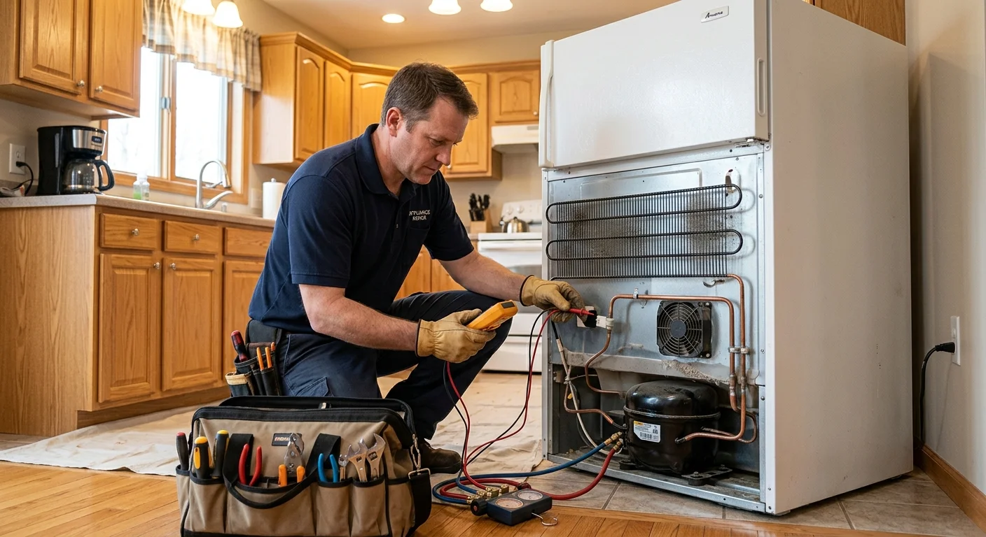 Independent appliance technician examining an Amana refrigerator in a San Diego kitchen