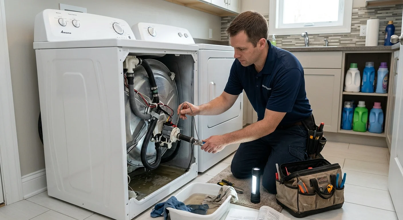 Technician inspecting an Amana washer that will not drain