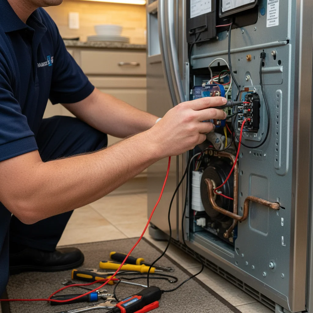Close-up of a repair technician's hand holding a multimeter against the back of a refrigerator
