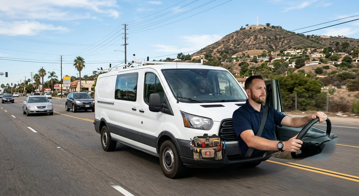 A Repair Pro San Diego service van driving through an El Cajon neighborhood with Mount Helix in the background.