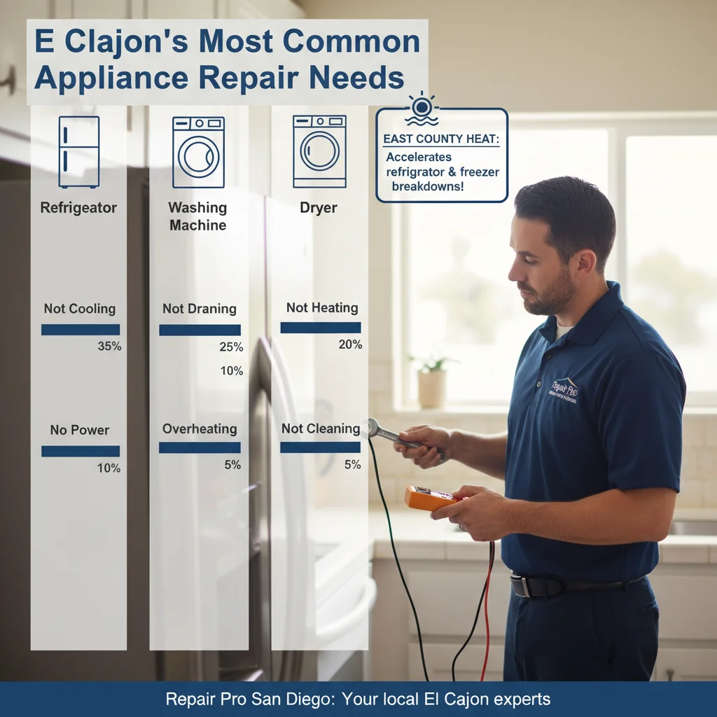 An infographic showing the most common appliance repair issues in El Cajon, including refrigerators not cooling, washing machines not draining, and dryers overheating, with their relative frequency.