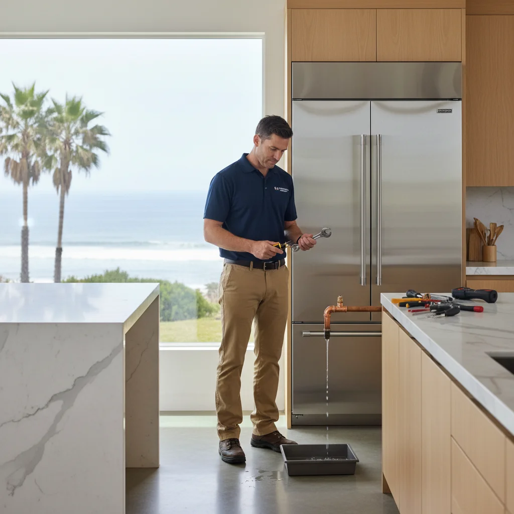 View of the ocean from a modern kitchen in a coastal Encinitas home.