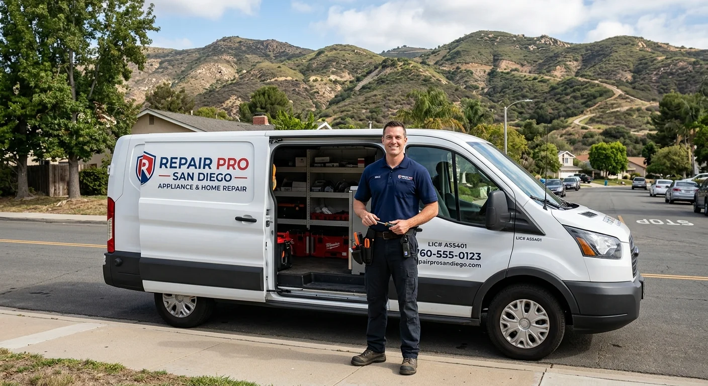 A friendly Repair Pro San Diego technician standing by their van in an Escondido neighborhood with characteristic rolling hills in the background.