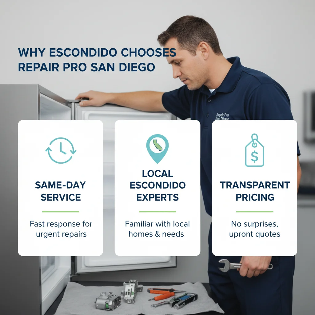 Infographic detailing the key benefits of choosing Repair Pro San Diego for appliance repair in Escondido, highlighting same-day service, local expertise, and transparent pricing.