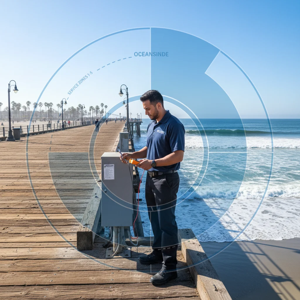 The Oceanside Pier on a sunny day, with an overlay showing the Repair Pro San Diego service area.