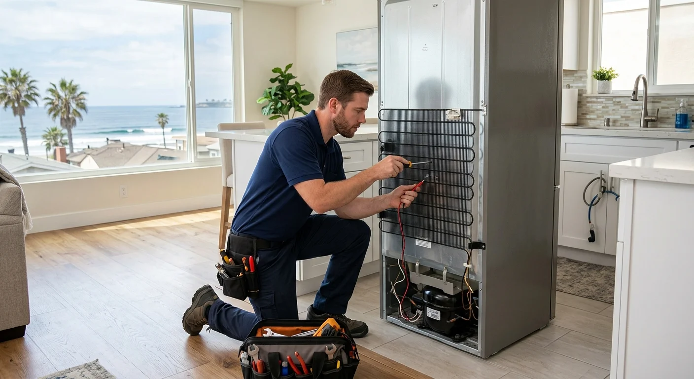Independent appliance technician checking a refrigerator in a Pacific Beach condo