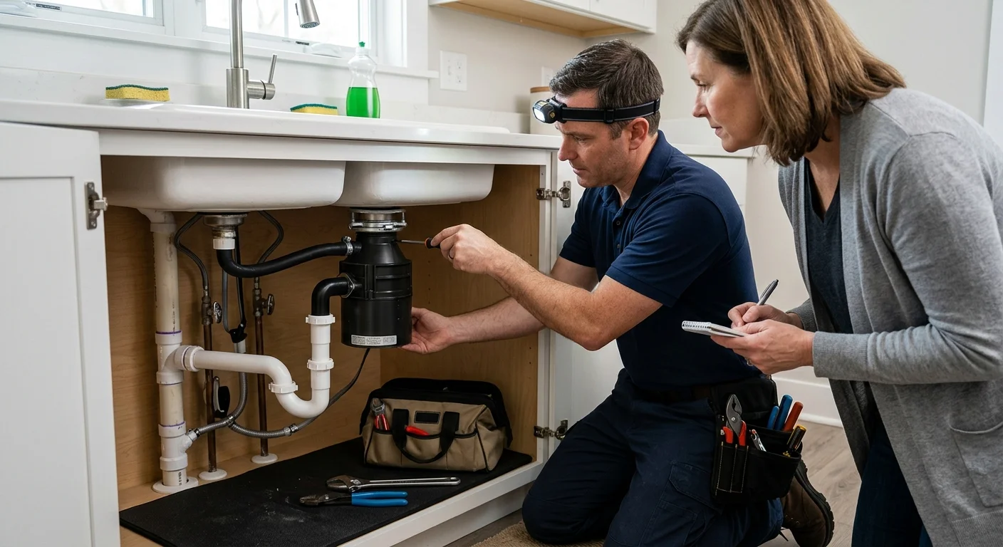 A homeowner and technician evaluating a garbage disposal