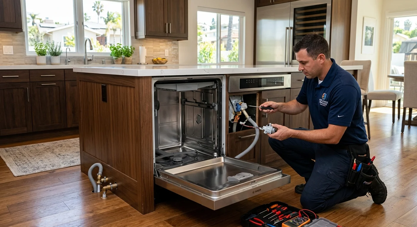 A technician servicing a sleek, panel-ready Bosch dishwasher in a high-end San Diego kitchen.