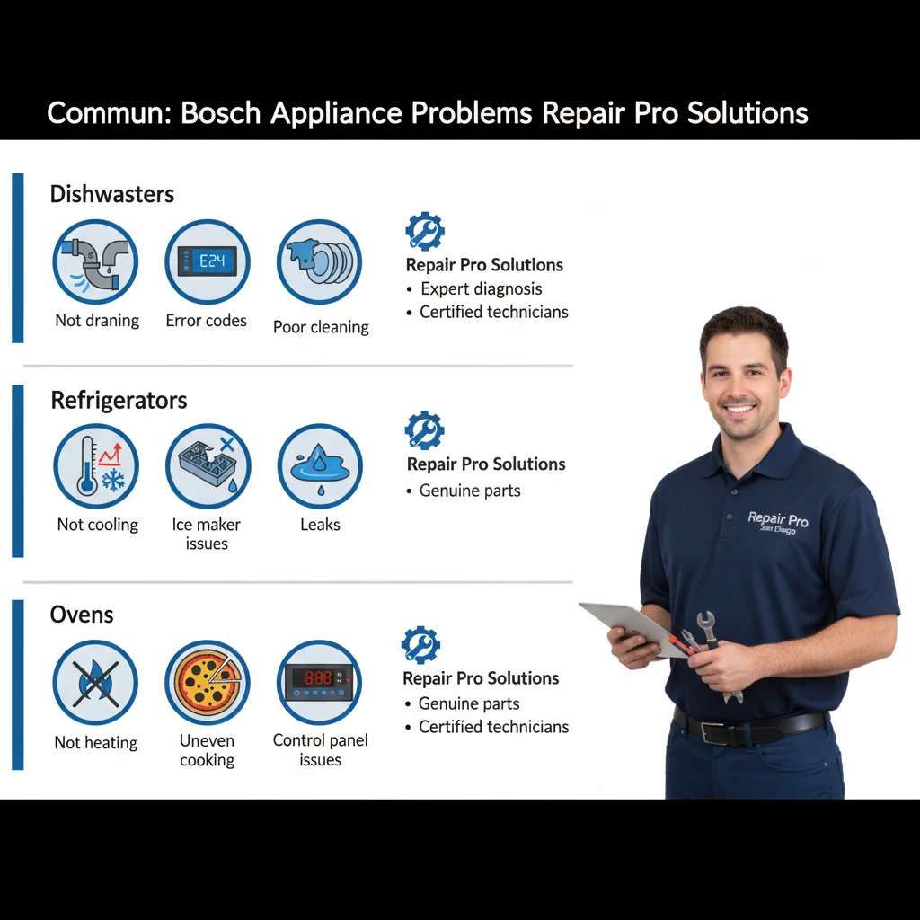Infographic detailing common Bosch appliance problems and Repair Pro San Diego's solutions.