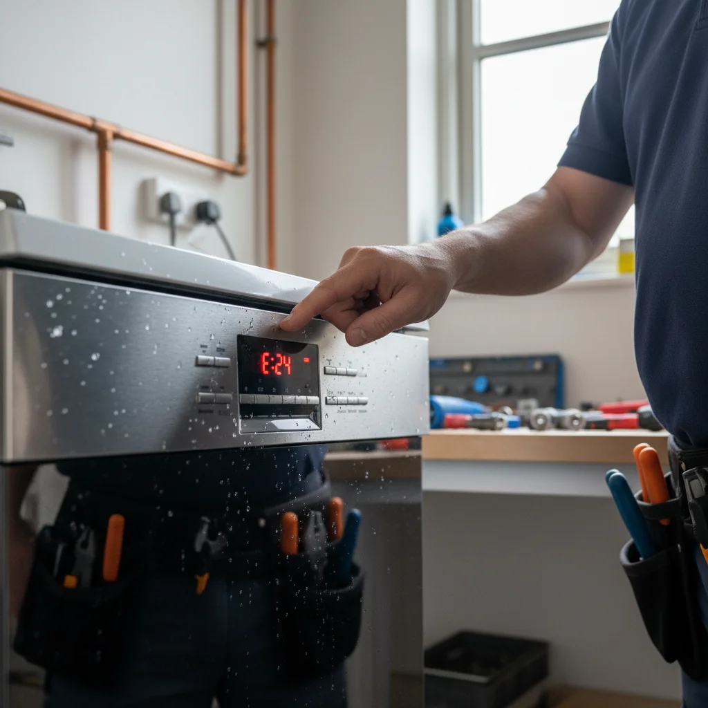 Close-up of a Bosch dishwasher display showing an error code.