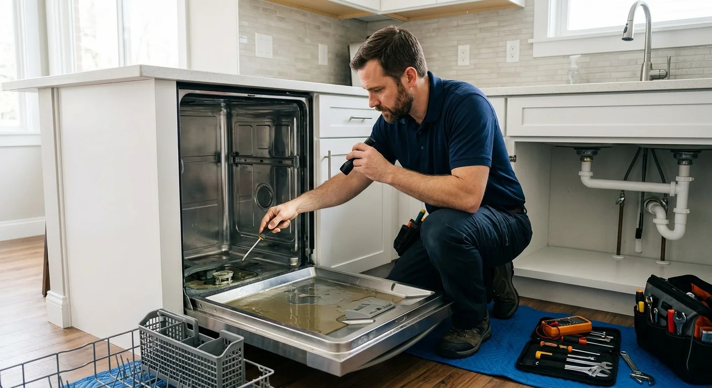 Technician checking a dishwasher tub that still holds standing water