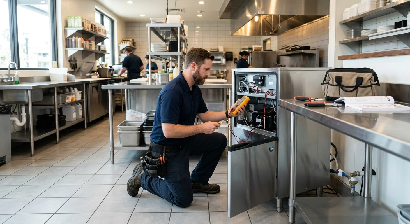 Technician evaluating a commercial ice machine in a restaurant