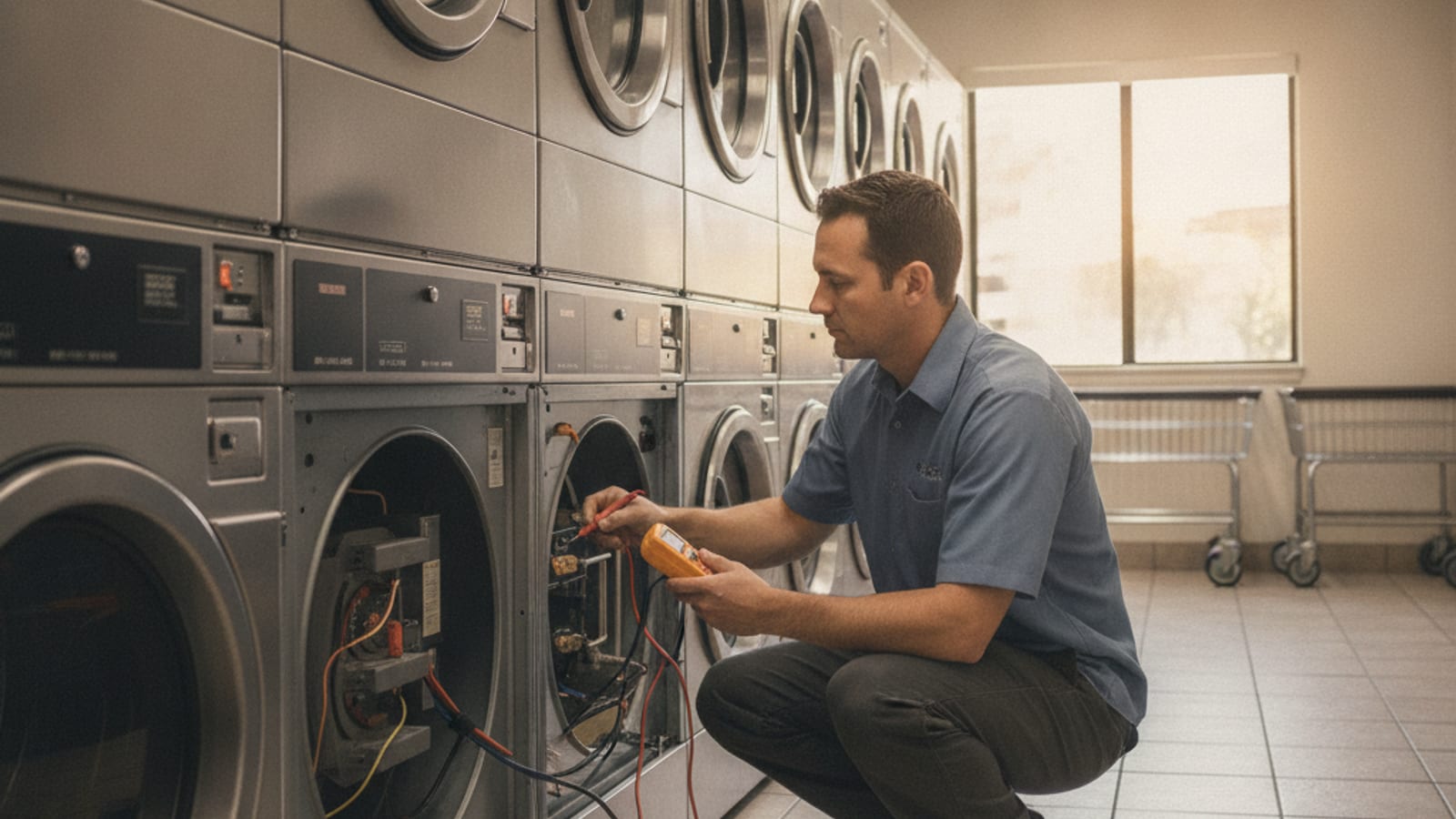 Technician in a steel-blue polo servicing a bank of stacked commercial washers and dryers in a San Diego apartment laundry room