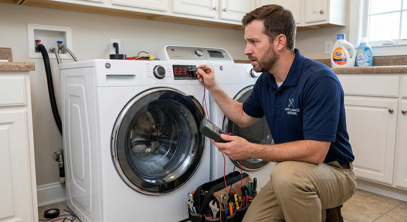 A homeowner looking perplexed at their modern GE front-load washing machine which is displaying an error code.