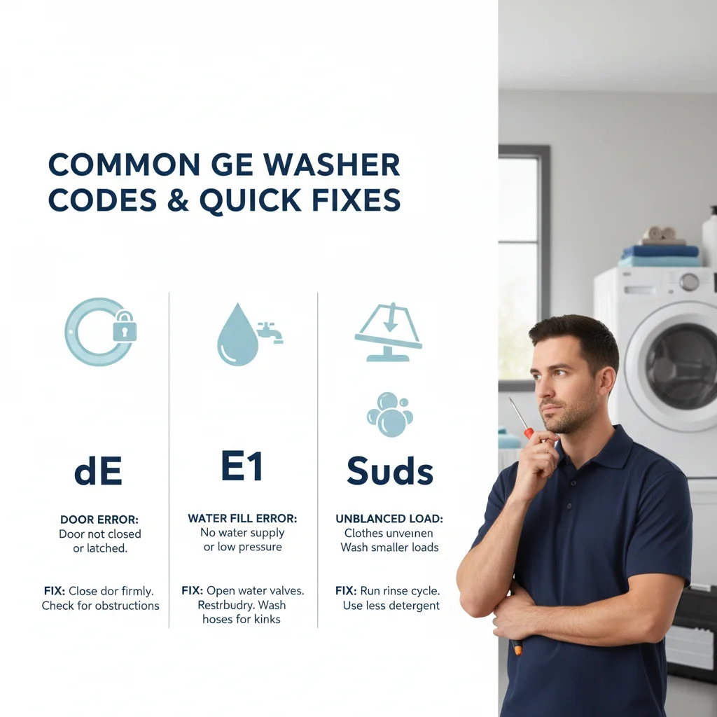 Infographic detailing common GE washer error codes and their typical meanings and potential causes.