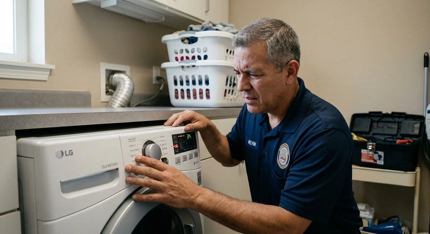 A homeowner looks at their LG dryer with a 'Flow Sense' indicator lit up on the control panel, looking concerned.