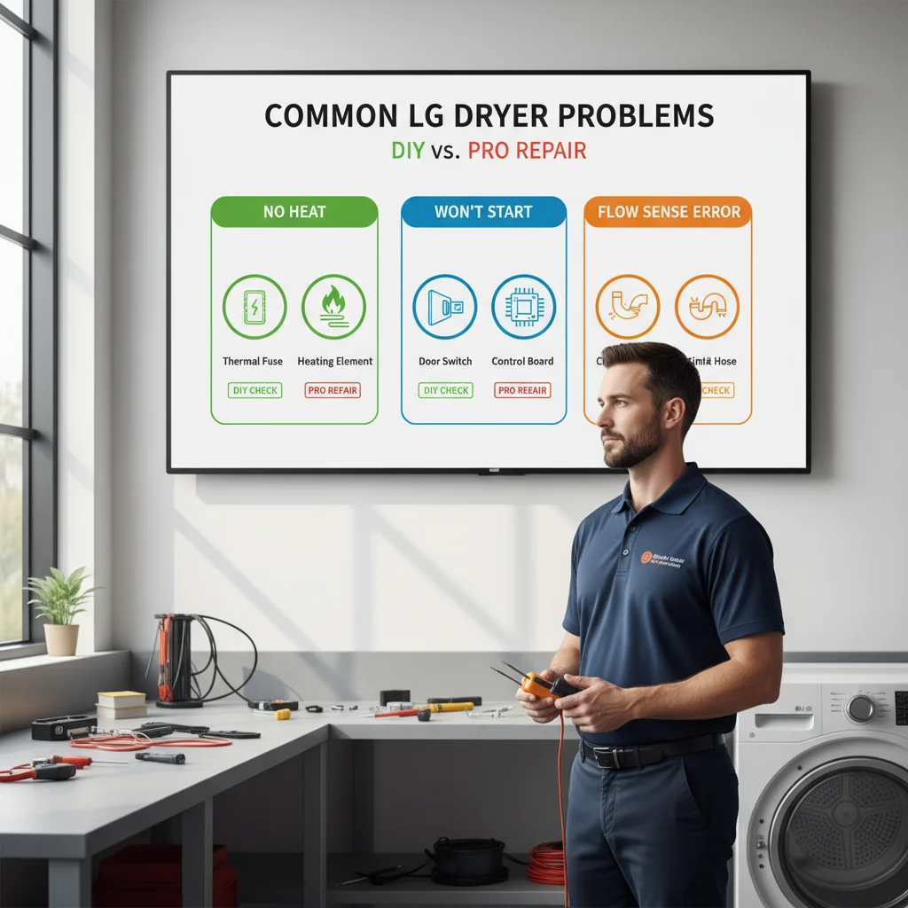 An infographic showing common LG dryer problems, their typical causes, and whether they're DIY fixes or require professional repair.