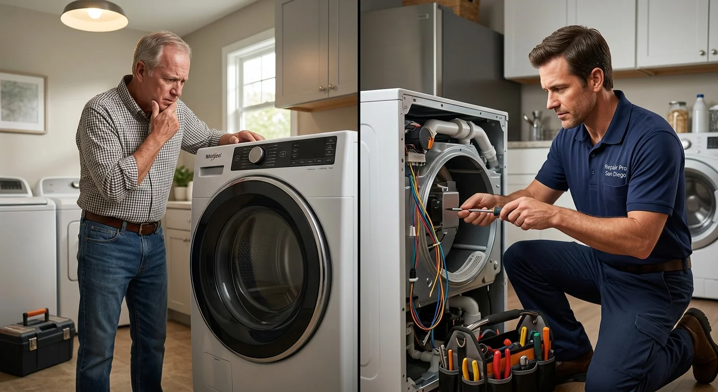 A side-by-side comparison image: on the left, a homeowner looking confused at a non-working Whirlpool dryer. On the right, a Repair Pro San Diego technician confidently fixing the same dryer.