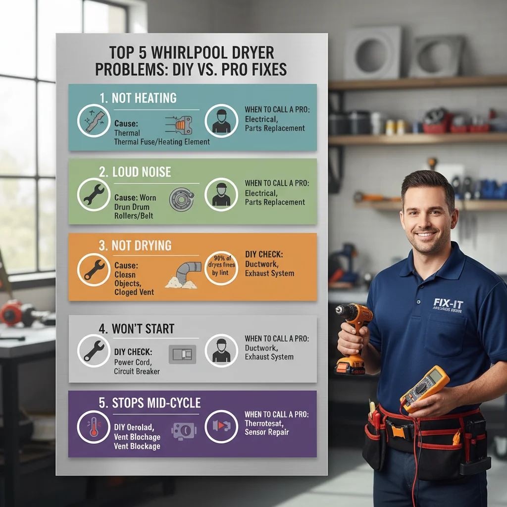 Infographic illustrating common Whirlpool dryer problems, their typical causes, and whether a DIY fix or professional repair is recommended.