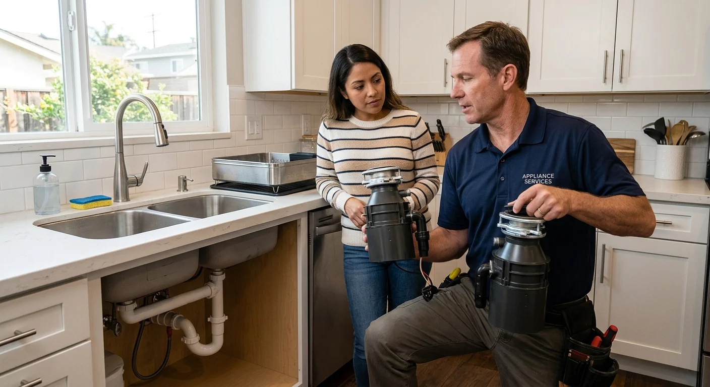 A San Diego homeowner comparing continuous feed and batch feed garbage disposals
