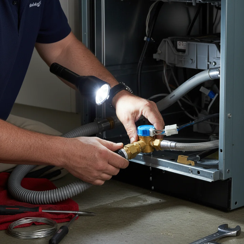 A technician's hand shines a flashlight on a dishwasher's water inlet valve connection.