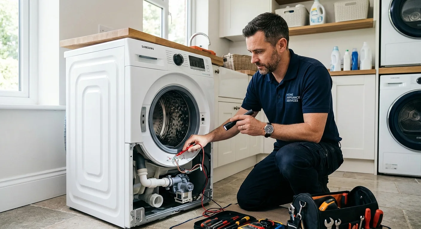 A close-up of a Repair Pro San Diego technician inspecting a dishwasher's drain system in a modern kitchen.