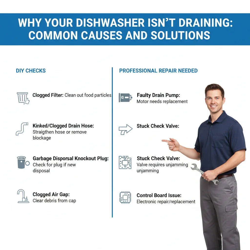 A detailed infographic illustrating common causes of a dishwasher not draining, categorized by DIY fixes (filter, hose, air gap, disposal plug) and issues requiring professional repair (drain pump, check valve, control board).