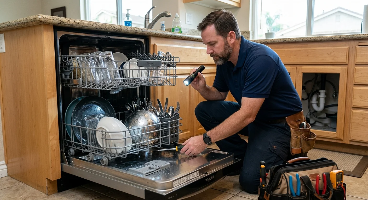A technician examining wet dishes inside an open dishwasher