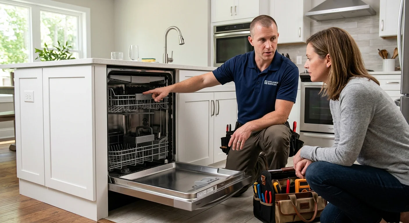 A clean shot of a repair technician kneeling in front of a built-in dishwasher in a modern kitchen, pointing to the inside of the machine to explain something to the homeowner.