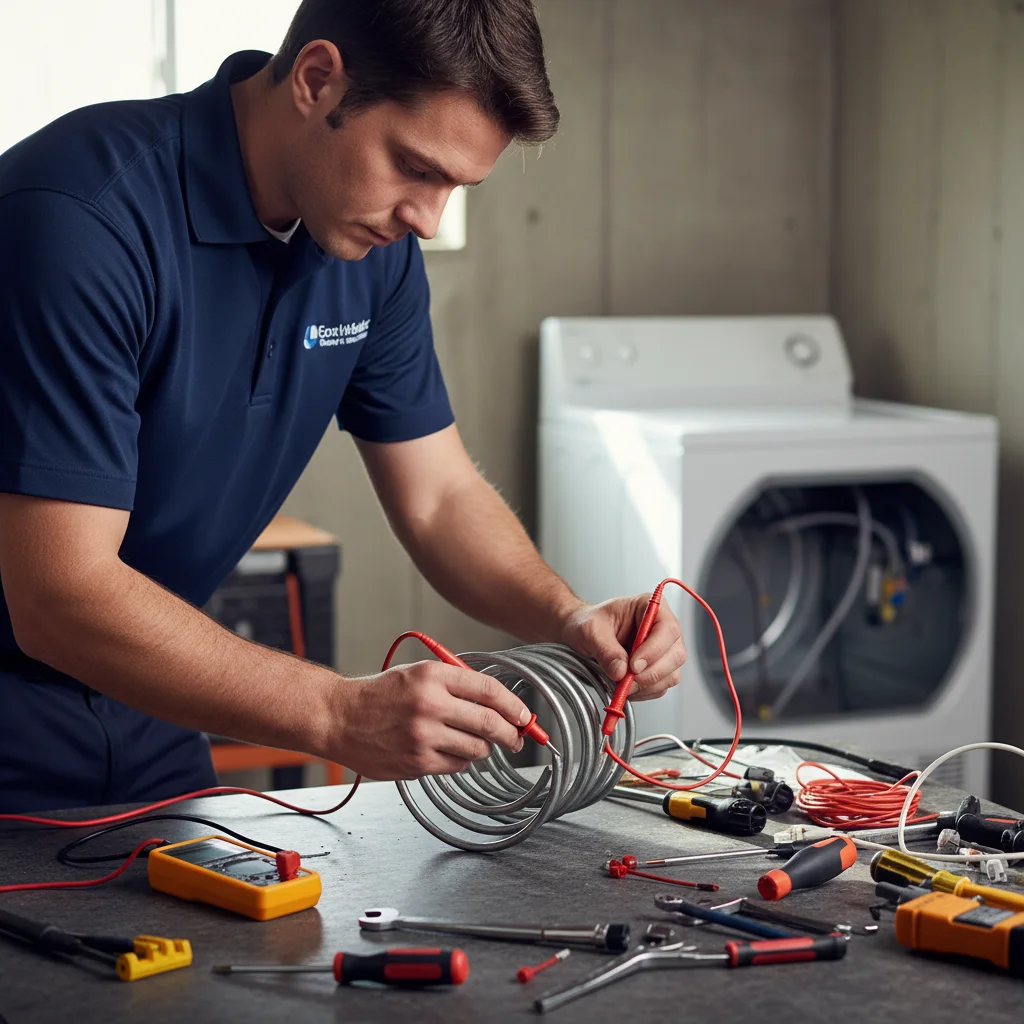 A homeowner using a multimeter to test the terminals of a dryer heating element on a workbench, with the dryer in the background.