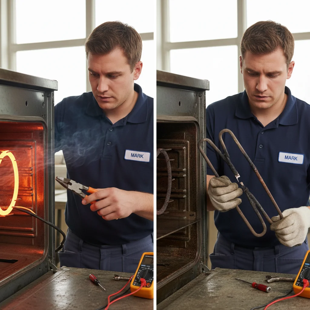 A split image showing a glowing, functional heating element on one side and a broken, dark one on the other.