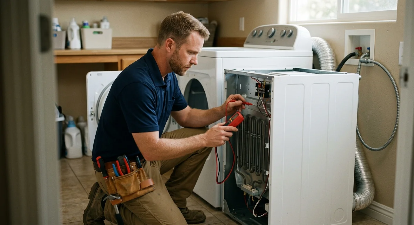 Independent technician checking a Poway dryer that runs without heat
