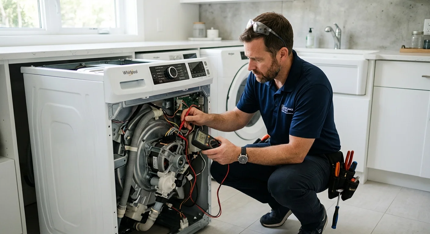 A photorealistic close-up of a home-appliance technician diagnosing the issue, clean modern kitchen or laundry room, natural light.