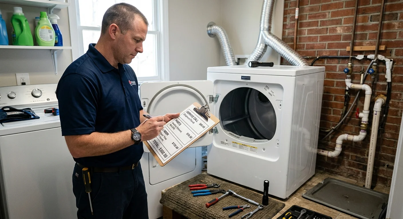 A clean, graphic image showing a broken-down price tag with sections for 'Service Call', 'Parts', and 'Labor', with a dryer in the background.