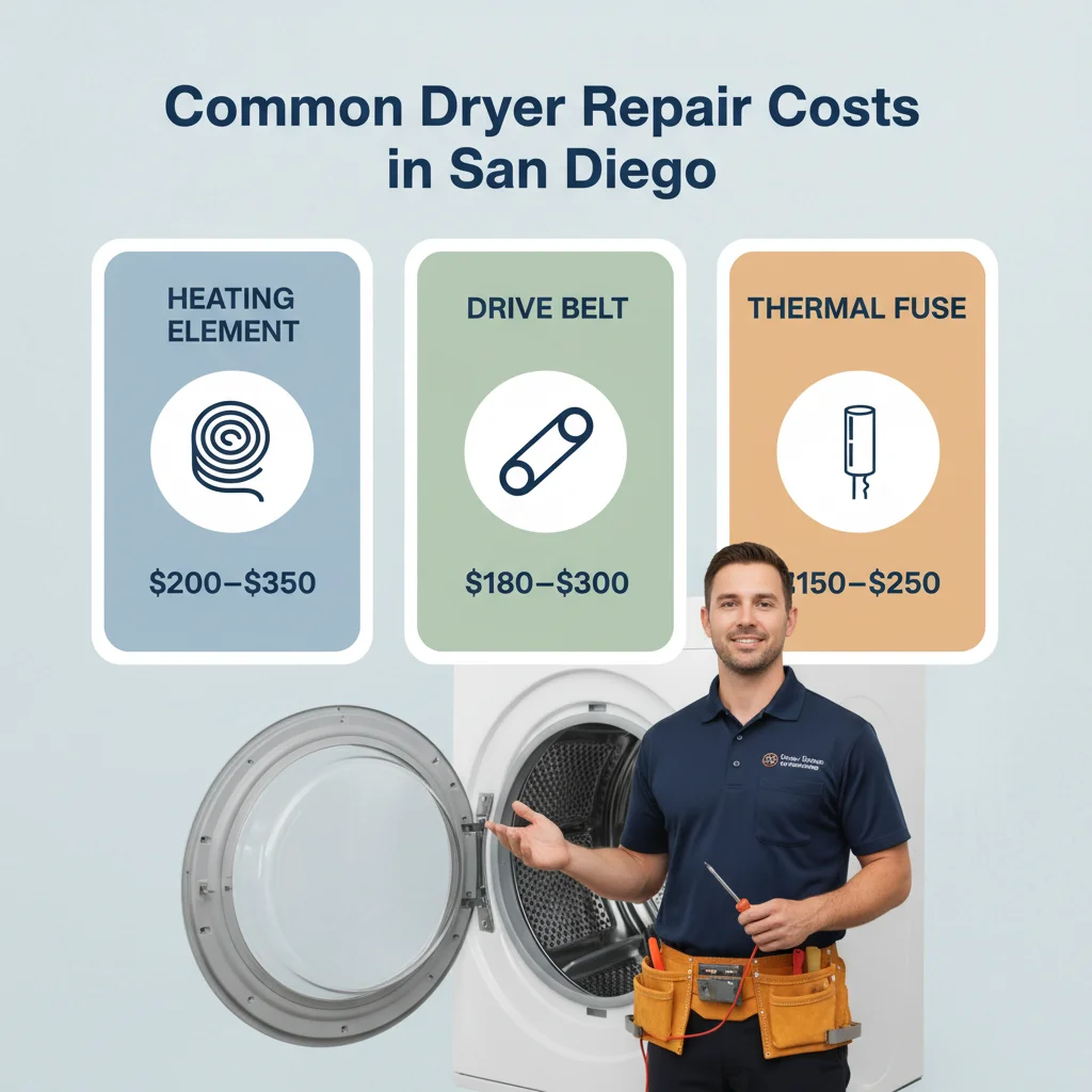 A simple table comparing the average repair cost of a broken dryer belt vs. a faulty heating element.