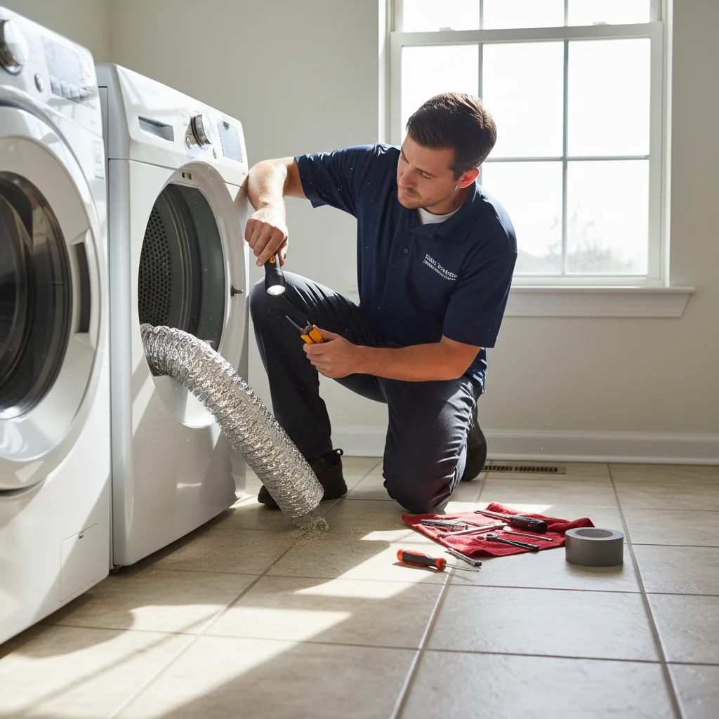 Technician inspecting the back of a residential dryer with vent hose disconnected in a tile laundry room