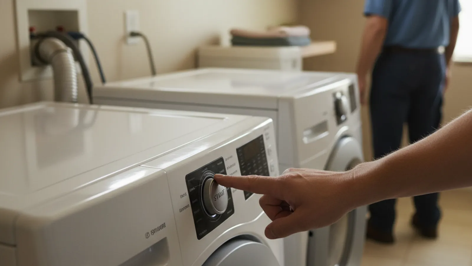 A person pressing the start button on an unresponsive dryer in a San Diego laundry room.
