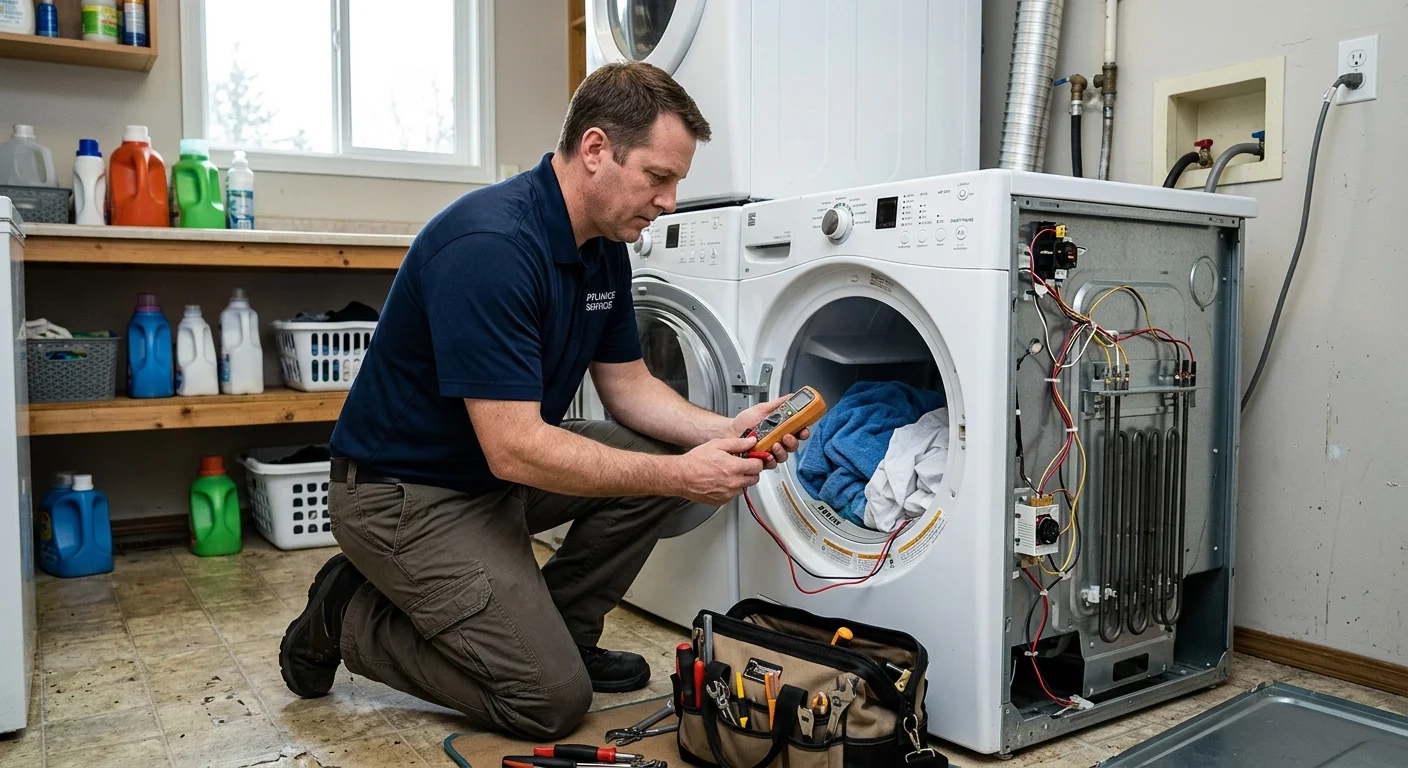 An independent appliance technician inspecting a front-load dryer with no heat