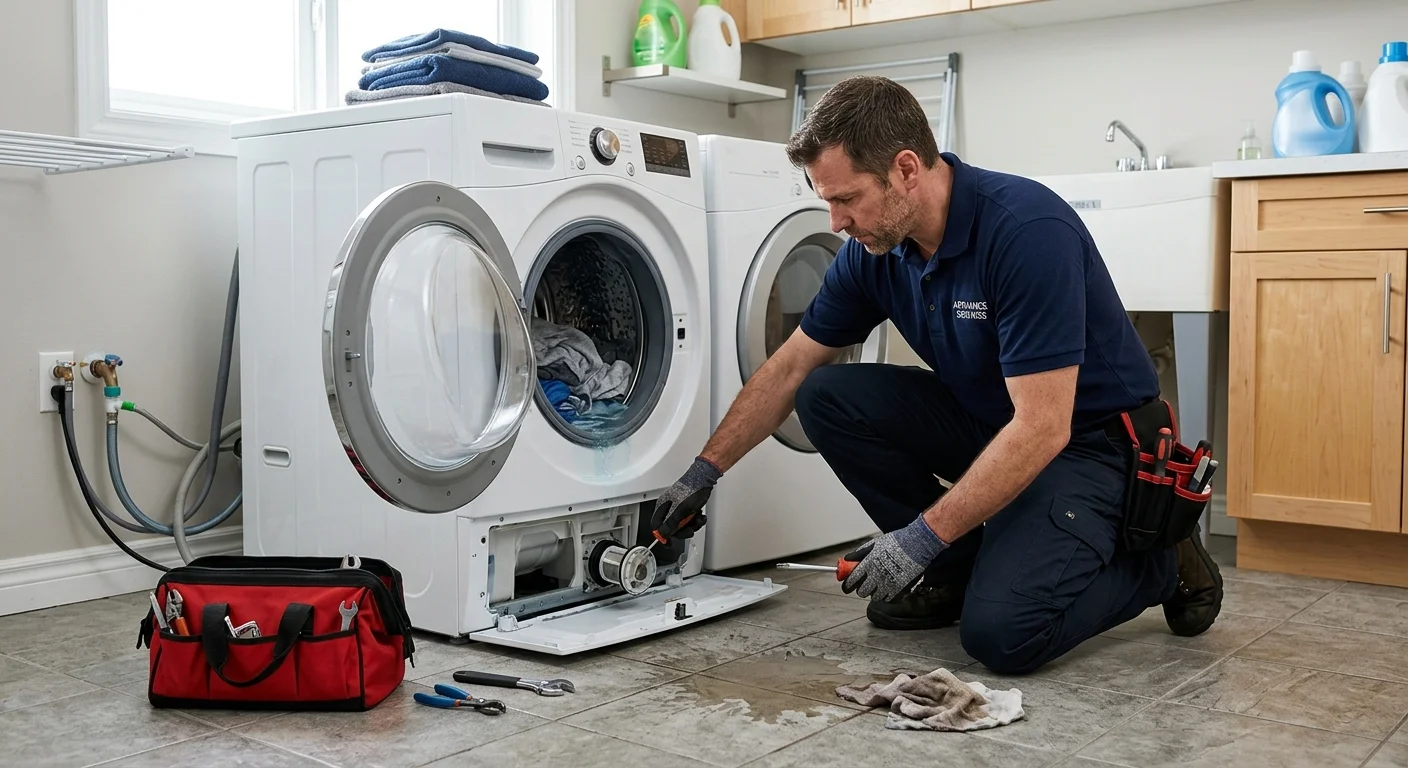 An independent appliance technician inspecting a front-load washer that will not drain