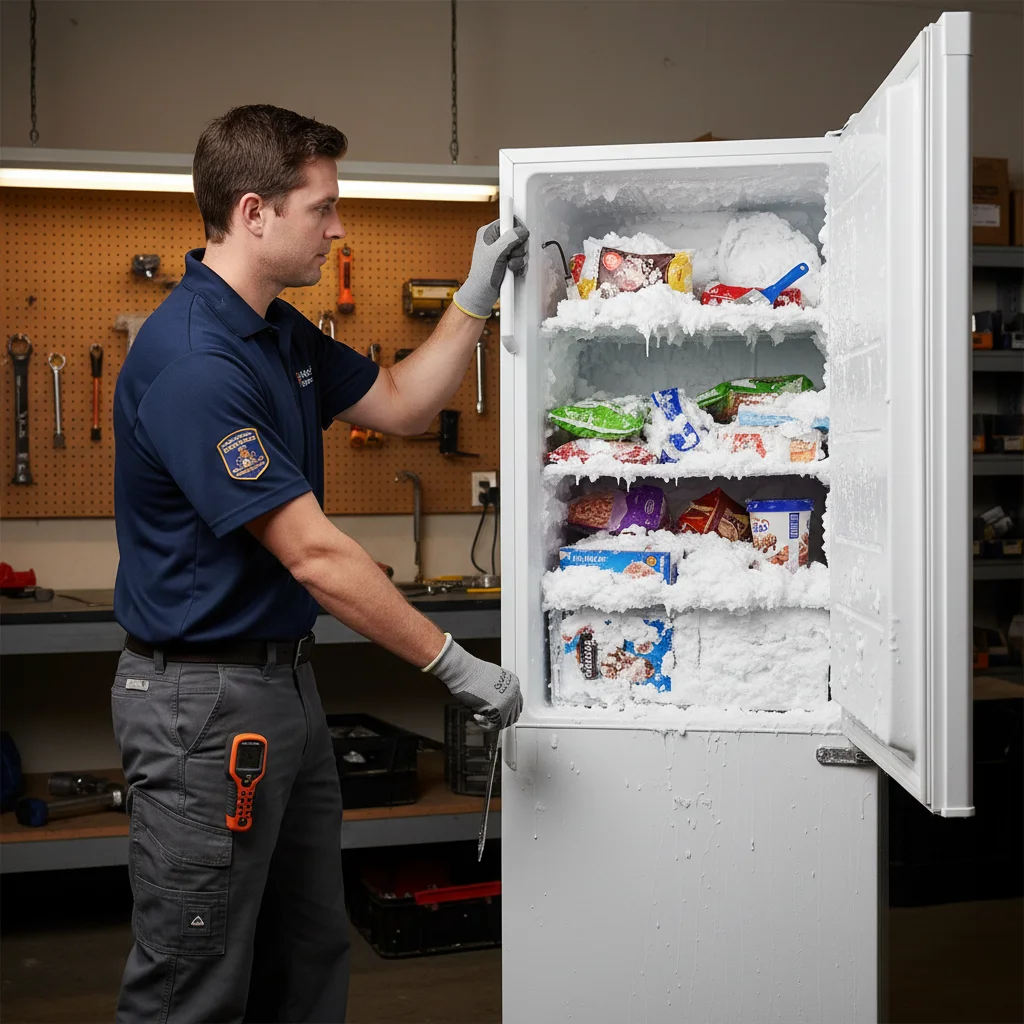 A person opening a standalone upright freezer to reveal shelves and food items covered in thick white frost.
