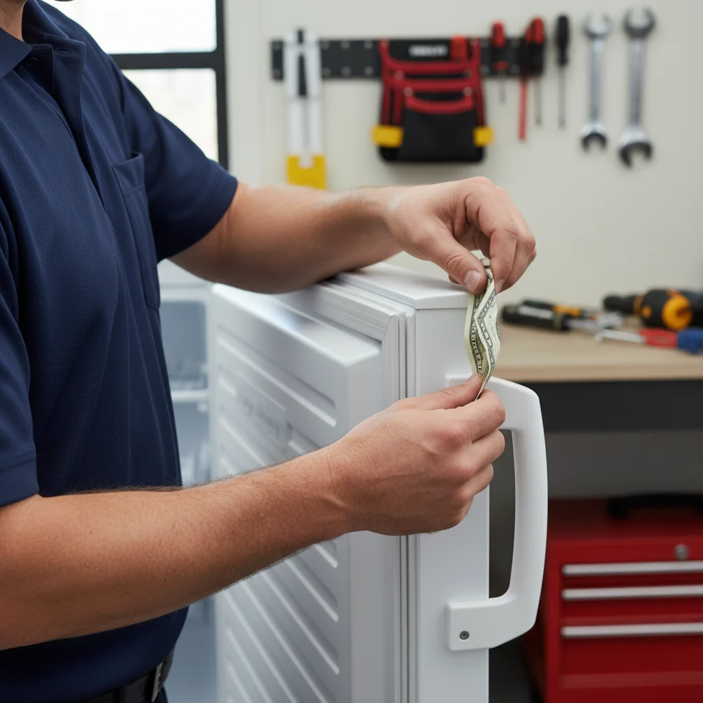 A close-up of a hand testing a freezer door seal by trying to pull out a dollar bill that is shut in the door.