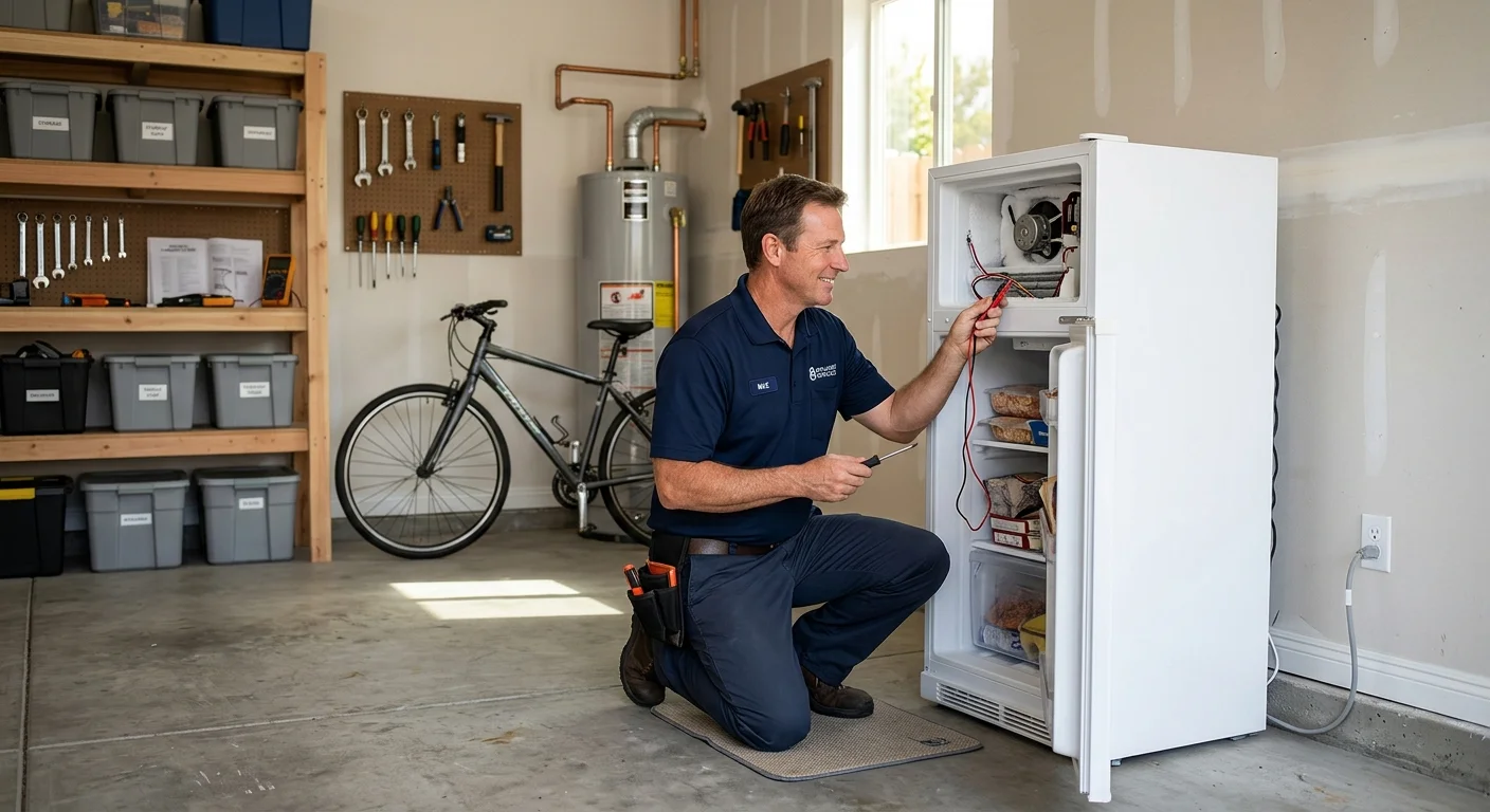 A friendly technician examining an upright standalone freezer in a clean San Diego garage or utility room.