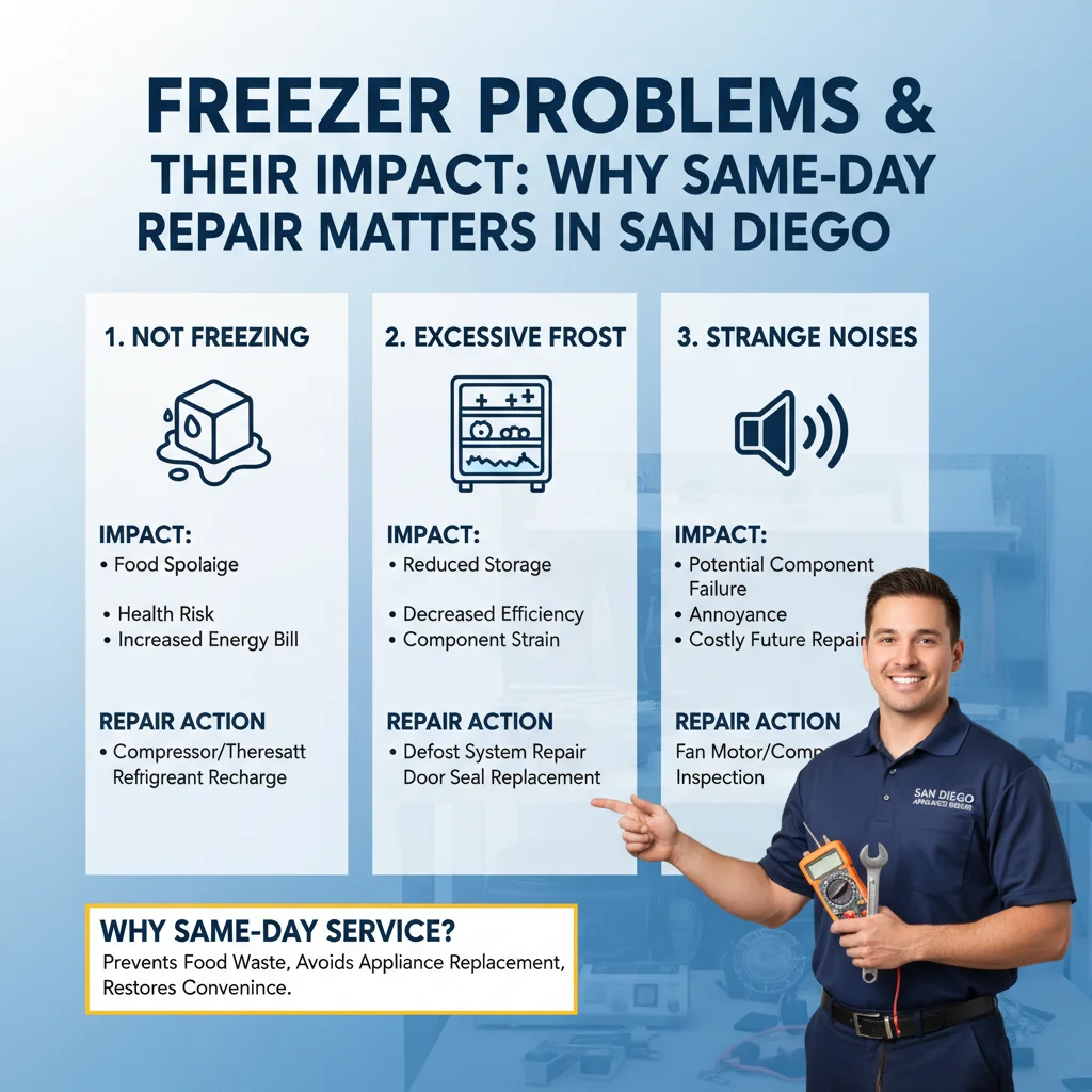 Infographic illustrating common freezer problems like not freezing, excessive frost, and strange noises, and why same-day repair is crucial in San Diego.