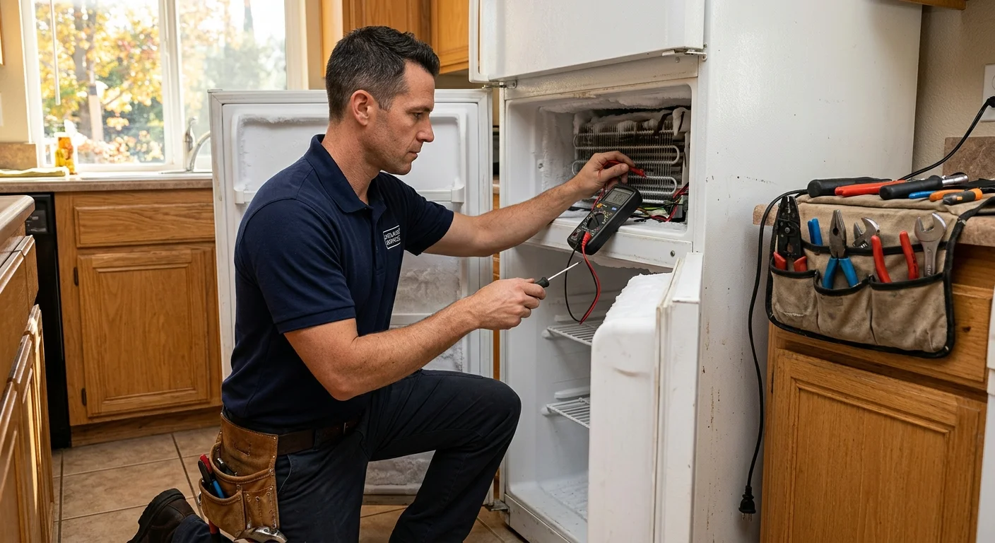 Technician examining a freezer in a Fallbrook home