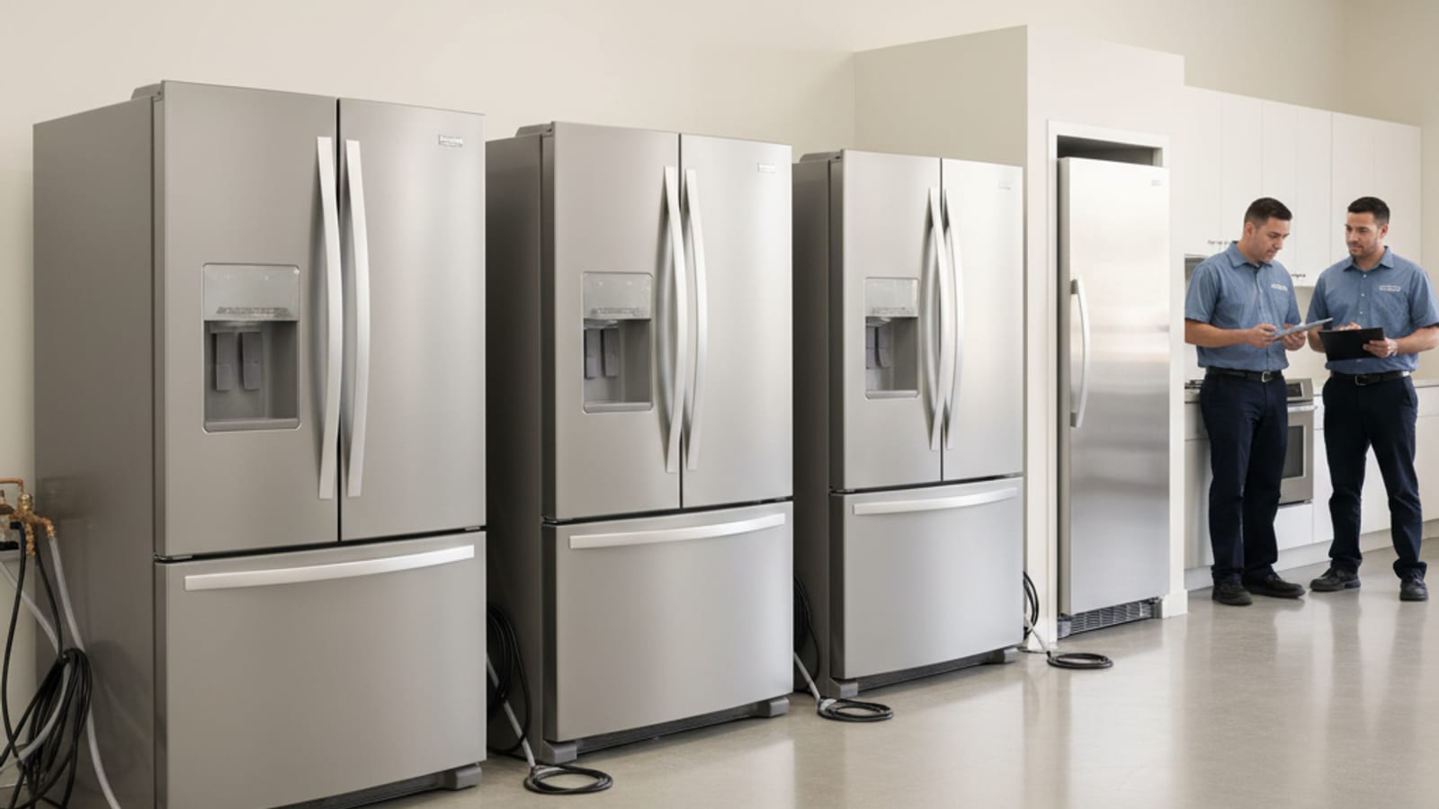 Row of stainless-steel refrigerators in an appliance showroom showing multiple brands and styles side by side