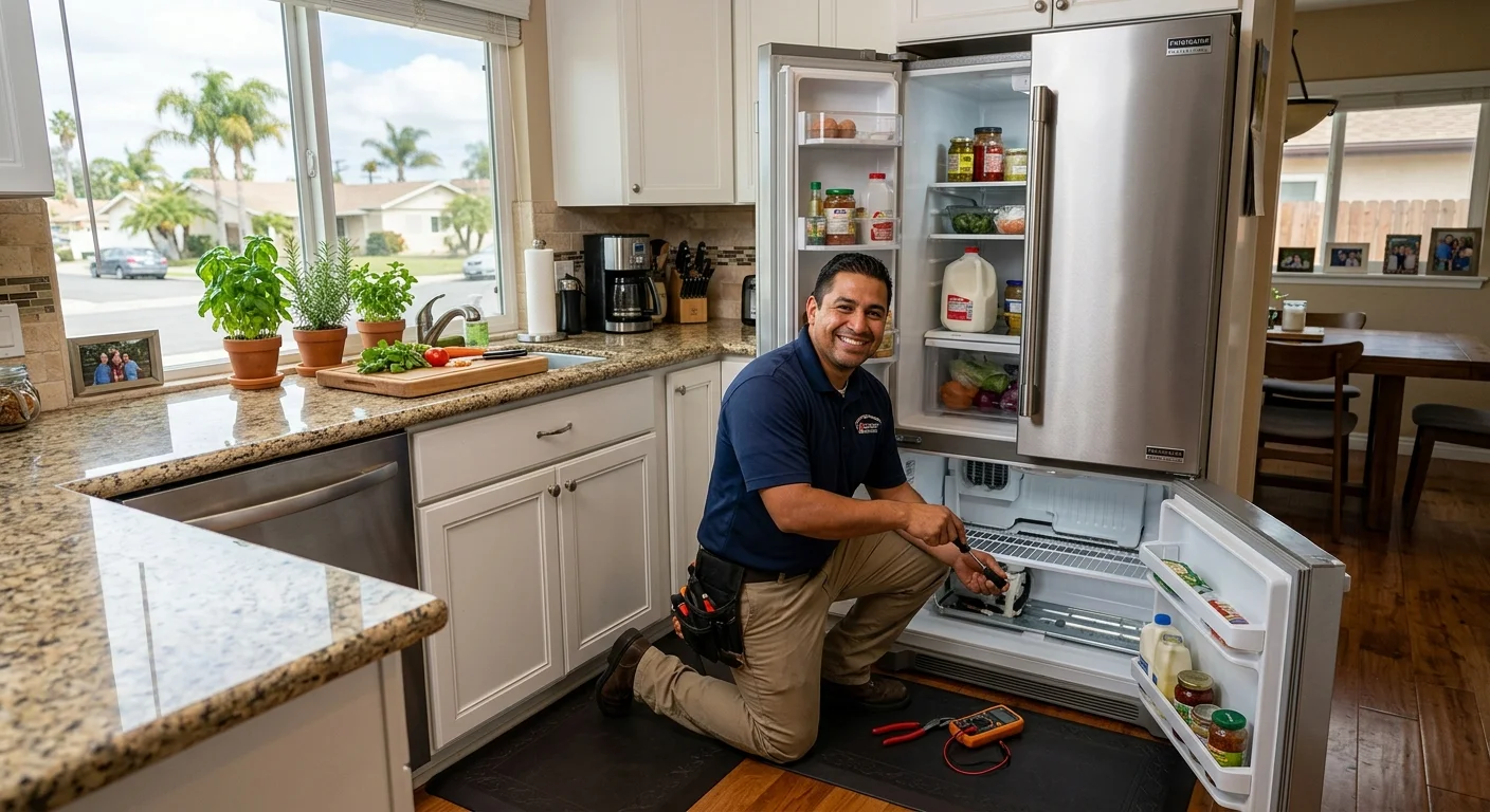 A friendly technician smiling while working on a stainless steel Frigidaire refrigerator in a family kitchen in San Diego.