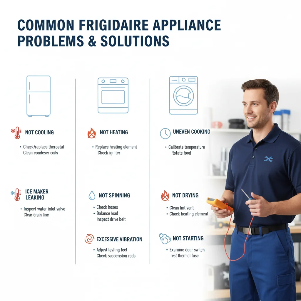 Infographic detailing common Frigidaire appliance problems and their typical solutions.