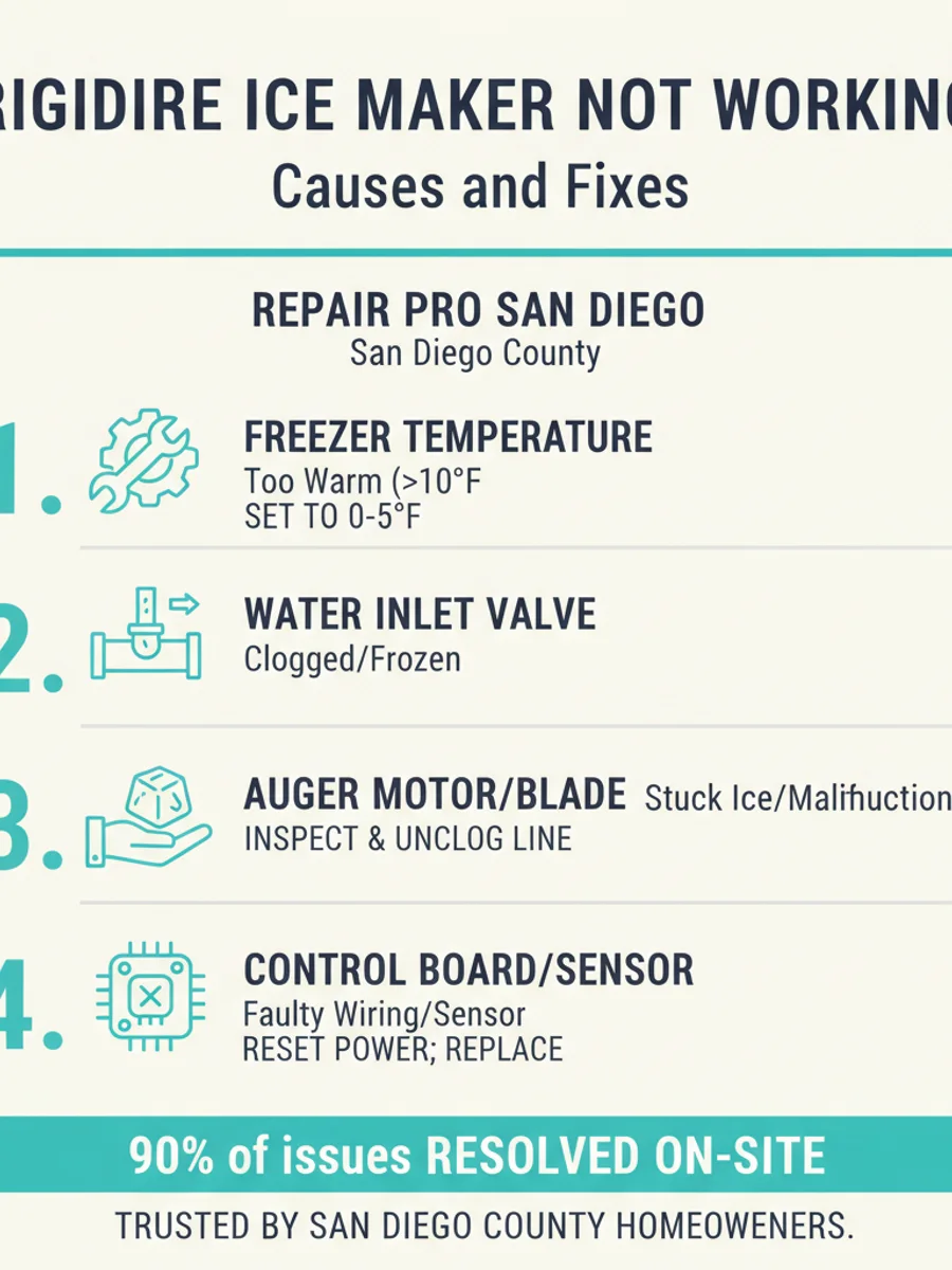 The five most common reasons a Frigidaire ice maker stops working, from the on/off switch to the assembly.