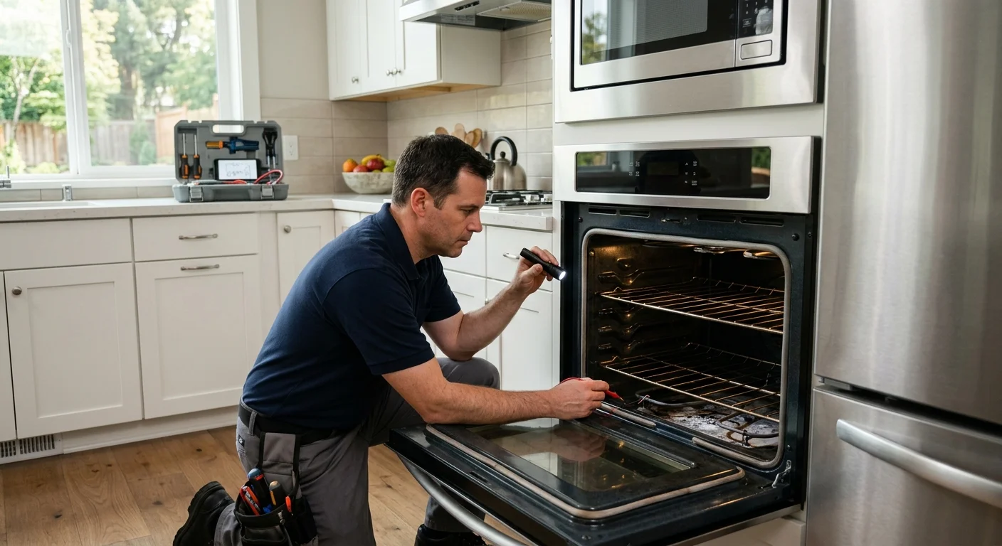 A technician inspecting a Frigidaire oven in a residential kitchen